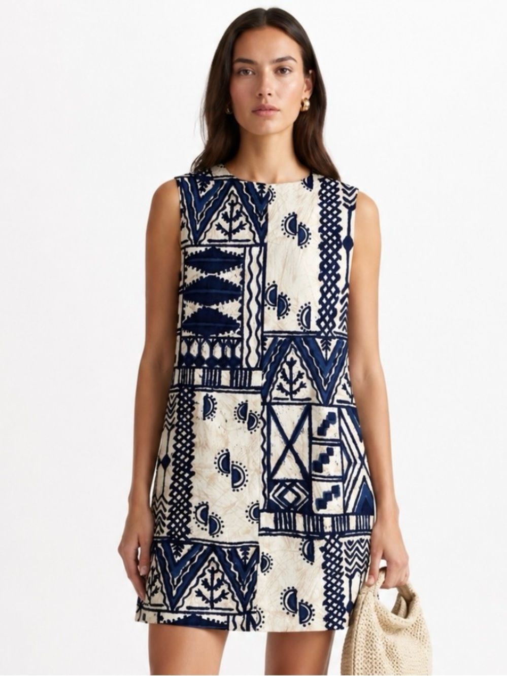 HAWAIIAN SURF Vintage Mod 1980's Navy and Cream Geometric Patchwork Mini Dress